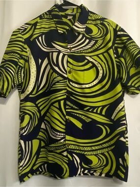 Manuhealii Hawaiian Aloha Shirt Navy Blue Green Men's Medium Geometric Design